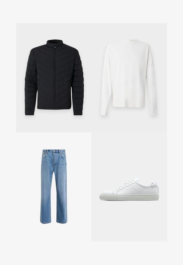 Schwarze Steppjacke mit hohem Kragen, Zickzack-Steppmuster, durchgehendem Reißverschluss und gerippten Bündchen. Leichtes, elegantes Design.; Langärmliges weißes Baumwollhemd mit rundem Ausschnitt, seitlichen Schlitzen am unteren Rand und glatter Textur, von hinten präsentiert.; Helle blaue Jeans im Geradeschnitt-Design, mit fünf Taschen, Knopfverschluss, minimaler Ausbleichung und kontrastierenden Nähdetails.; Weißer Sneaker mit glattem Lederobermaterial und niedrigem Profil. Verfügt über eine runde Zehenpartie, sechs Ösen und eine strukturierte Gummisohle.