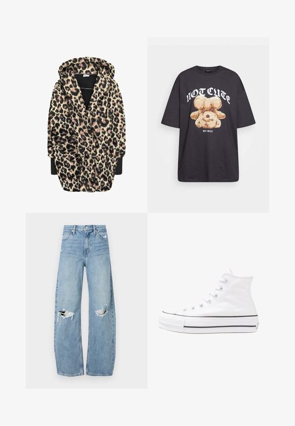 Rochie cu glugă cu imprimeu cu leopard, realizată dintr-un material moale și texturat, în nuanțe de negru, bej și roz. Include mâneci lungi și buzunare frontale.; Tricou oversized negru featuring un grafic cu un urs și textul „NU E DRĂGUȚ DAR SUNT SĂLBATIC” în litere albe, îndrăznețe. Material din bumbac.; Jeans de denim, de un bleu deschis, cu talie înaltă. Au picioare late, două zone rupte la genunchi și un stil clasic cu cinci buzunare.; Adidași albi tip pantofi sport cu glezna din pânză, cu talpă din cauciuc negru, capac de vârf din cauciuc frontal și șase ochiuri pentru șireturi, având un design curat și minimalist.