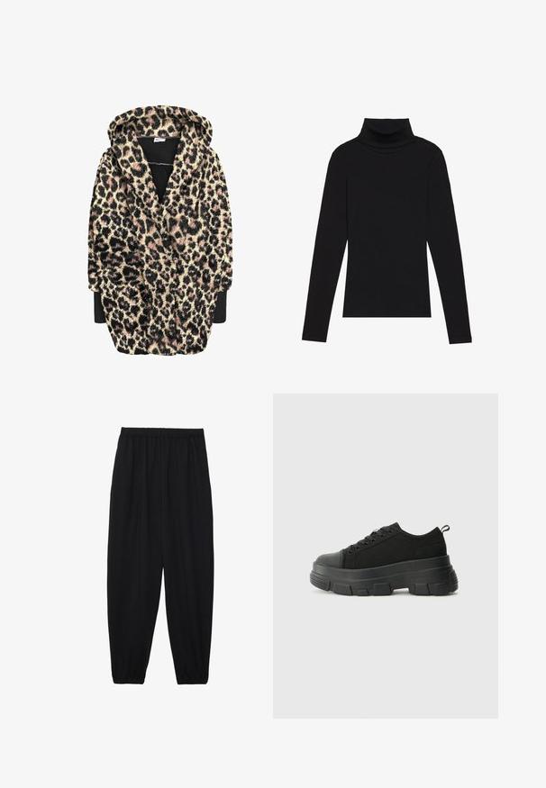 Leopard-print hooded robe featuring a soft, textured fabric with black, beige, and pink hues. Includes long sleeves and front pockets.; Black turtleneck long-sleeve top, made of ribbed fabric, features a fitted design with a high neckline and no patterns or accents.; Black, lightweight pants with an elastic waistband and gathered ankles. The fabric is smooth and features a relaxed, tapered design.; Black sneakers with a chunky rubber sole, textured fabric upper, round toe, and lace-up design. Features reinforced eyelets and back pull tab.