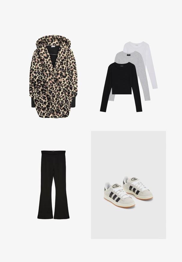 Rúcho s kapucňou s leopardím vzorom, vyrobené z jemnej, textúrovanej tkaniny s čiernymi, béžovými a ružovými odtieňmi. Obsahuje dlhé rukávy a predné vrecká.; Tričko s dlhým rukávom v troch farbách: čiernej, sivej a bielej. Každé má okrúhly výstrih a skrátený strih vyrobený z hladkej, ľahkej tkaniny.; Čierne legíny s flared strihom vyrobené z elastického materiálu. Majú široký pás a hladkú textúru, s priliehavým siluetom, ktorý sa na okraji rozširuje.; Sivé semišové tenisky s bielymi šnúrkami, čiernymi pruhmi a bielou gumovou podrážkou. Obsahujú okrúhly logo na jazyku a gumenú podrážku.
