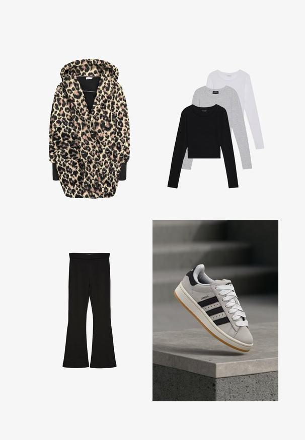 Leopard-print hooded robe featuring a soft, textured fabric with black, beige, and pink hues. Includes long sleeves and front pockets.; Three long-sleeve tops stacked: black, grey, and white. Each has a round neckline and a cropped design with smooth, lightweight fabric.; Black flare leggings made from stretchy fabric. Features a wide waistband and a smooth texture, with a fitted silhouette that flares at the hem.; adidas Originals CAMPUS 00S W - Trainers - crystal white/core black/off white