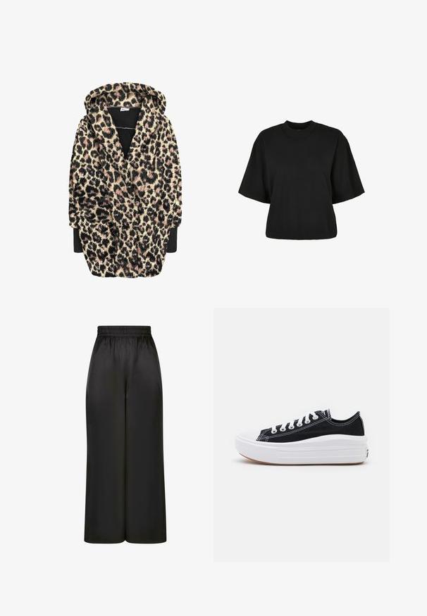 Leopardprint hooded badjas met een zachte, gestructureerde stof in zwart, beige en roze tinten. Inclusief lange mouwen en voorzakken.; Zwart cropped t-shirt van katoen. Heeft korte mouwen en een ronde halslijn. Glad materiaal met een eenvoudig ontwerp, geen extra patronen.; Zwarte wijde broek gemaakt van soepel, glanzend materiaal met een elastische tailleband en zonder zichtbare zakken of hardware-details.; Zwarte canvas sneakers met witte veters, een witte rubberen teenkap en een chunky witte tussenzool. Bevat subtiele witte stiksels en een gumzool.