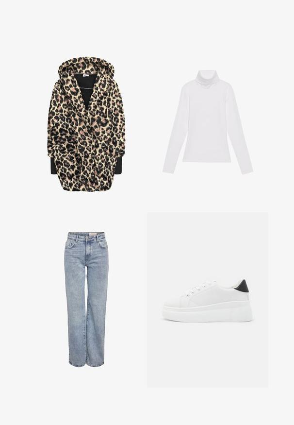 Roba con cappuccio in stampa leopardata, caratterizzata da un tessuto morbido e testurizzato con tonalità di nero, beige e rosa. Include maniche lunghe e tasche frontali.; Maglia a maniche lunghe bianca a collo alto realizzata in tessuto morbido ed elastico. Presenta un colletto alto e un design aderente, senza motivi o decorazioni visibili.; Jeans a gamba larga di colore azzurro chiaro realizzati in denim, con vita alta, design a cinque tasche e leggera scoloritura per un aspetto vissuto.; Sneakers platform bianchi realizzati in materiale sintetico liscio, con punta arrotondata, design con lacci e suola in gomma texture. Accento nero nel tallone.