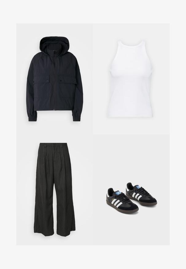 Barbour International ROUSE SHOWERPROOF - Bomber Jacket - black; White sleeveless tank top made of ribbed fabric, featuring a rounded neckline and a fitted silhouette, with minimal seams and no embellishments.; Black pinstriped wide-leg trousers with pleats, featuring a tailored design and a soft texture. No visible hardware or accents.; Black sneakers with a suede and synthetic upper, featuring three white stripes, textured rubber sole, and blue logo tag on the tongue.