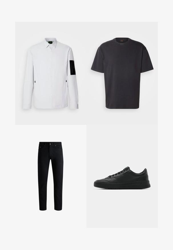 Vit knapp-up jacka med krage, med en svart dragkedjeficka på vänster arm och sidfickor, tillverkad av ett slätt, lätt material.; Svart kortärmad T-shirt i bomull med rund halsringning och diskret logotyp vid halsen. Slät textur med avslappnad passform.; Svarta slim-fit jeans med fem fickor, knäppning med knapp och bälteshällor, visade mot en vit bakgrund.; Svart sneaker med slät läderöverkänsla, rund tå, platta snören, vadderad krage och minimalistisk design. Gummisula med subtilt mönster.