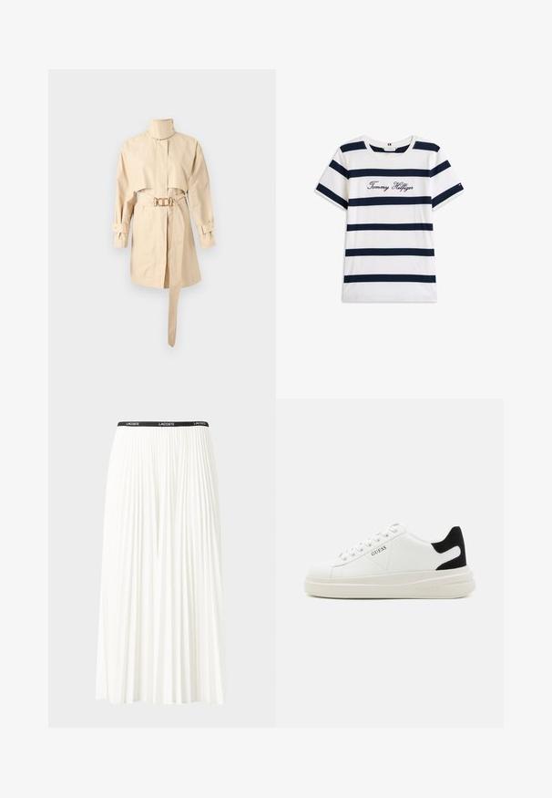 Beige belted trenchcoat med høy krage, lange ermer og innsvingt midje. Stoffet er glatt med en strukturert silhuett og knappede mansjetter.; Koftet laget av bomull har horisontale marineblå striper på hvit bakgrunn. "Tommy Hilfiger" brodert i kursiv på brystet. Rund hals.; Plissert hvit skjørt med en svart elastisk midje som har "LACOSTE"-logoen. Midjelengde design med myk tekstur.; Hvite lær sneakers med tykk hvit såle, svart semsket hælforsterkning og preget logo på siden. Snøresystem med seks hull.