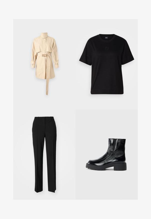 Bež kaput s pojasom, visokim ovratnikom, dugim rukavima i strukiranom siluetom. Tkanina je glatka s strukturiranom siluetom i dugmadi na manžetama.; Crna pamučna majica s okruglim izrezom, kratkim rukavima i izvezenim logotipom na prsima. Jednostavan, opušten kroj bez uzorka.; Crne krojene hlače ravnog kroja, s glatkom teksturom i oštrim pregibima naprijed. Bez vidljivih metalnih dijelova.; Crne gležnjače s sjajnim lakiranim završetkom, debelim crnim gumastim potplatima i povišenim potpeticama; uključuju suptilan detalj loga sa strane.