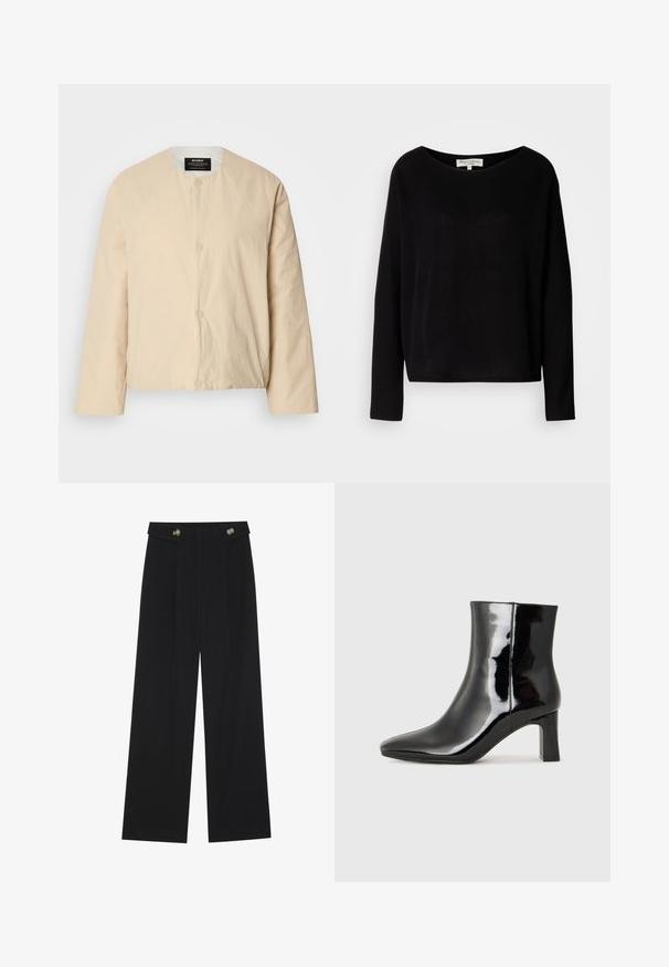 Beige, lett bomberjakke med rund hals, to frontknapper og et lett teksturert stoff. Minimalistisk design.; Svart langermet skjorte laget av mykt materiale, med vid rund hals og avslappet passform, uten synlige mønstre eller hardvarer.; Svart vide bukser med høy midje, knappdetaljer på midjebåndet og frontplisser.; Sorte patentlær ankle boot med spiss tå og en mellomhøy blokkhelt. Glatt tekstur og minimalistisk design.