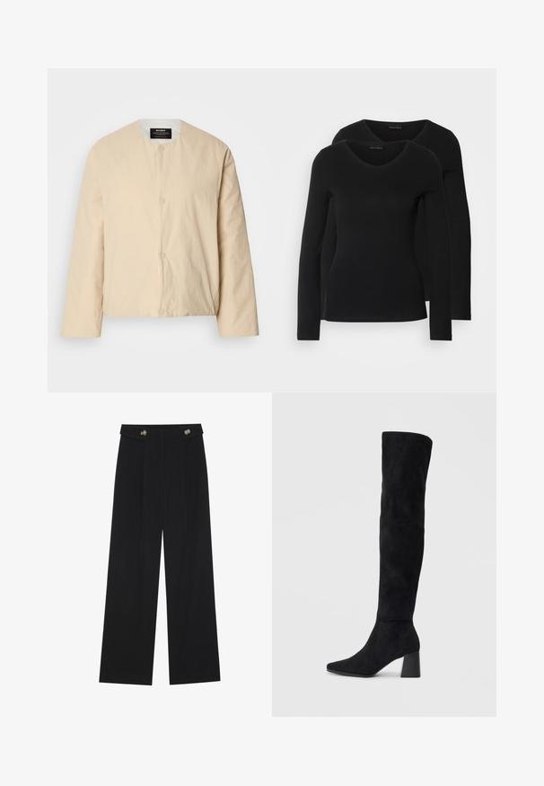 Bežinė, lengva bombonešinė striukė su apvalia apykakle, dviem priekiniais mygtukų užsegimais ir šiek tiek tekstūruotu audiniu. Minimalistinis dizainas.; Du į juodas ilgomis rankovėmis marškiniai su V formos iškirpte, pagaminti iš minkštos, tamprios medžiagos, rodantys lygią tekstūrą ir prigludusią formą.; Juodi plačios kojos kelnės su aukštu liemeniu, sagų detalėmis ant liemens ir priekinėmis raukšlėmis.; Juoda zomšinė kelio ilgio batai su blokuotu kulnu, smailiu nosiu ir lygiu, be siūlių dizainu ant paprastos šviesios fono.