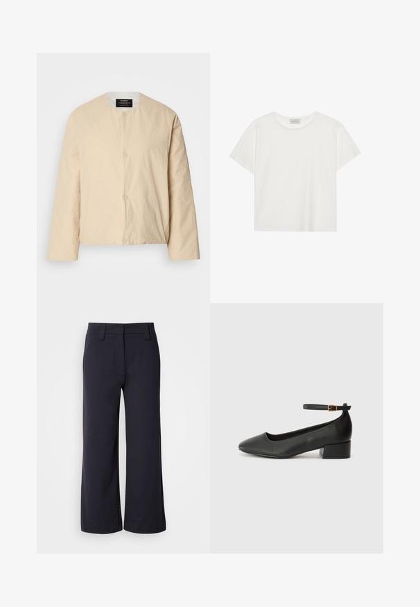 Beige, lett bomberjakke med rund hals, to frontknapper og et lett teksturert stoff. Minimalistisk design.; Hvit T-skjorte med kort erm laget av myk bomull. Har rund hals og avslappet passform. Rent design uten synlige mønstre eller aksenter.; Vide benbukser i mørk navy-stof. Har flad front, bæltesløjfer og sidelommer. Materialet er glat med en let stræk.; Sorte skinnpumper med spiss tå og lav blokkhelt. Har ankelrem med gullfarget spenne. Glatt tekstur.