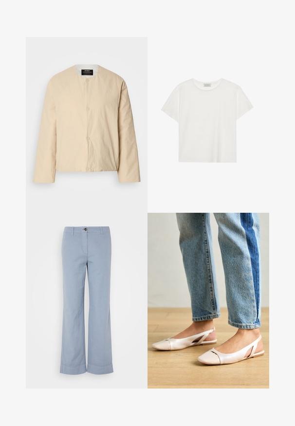 Bežs, viegls bomber žakets ar apaļu kakla izgriezumu, diviem priekšējiem pogu aizdariem un nedaudz teksturētu audumu. Minimalistisks dizains.; Balts īsām piedurknēm T-krekls, kas izgatavots no mīksta kokvilnas. Tam ir apaļš izgriezums un brīvs piegriezums. Tīrs dizains bez redzamām rakstiem vai akcentiem.; Gai zili auduma bikses ar taisnu kāju, pogu aizdari un uzgrieztu malu. Gluda tekstūra, paredzētas ikdienas valkāšanai.; Bālti rozā siksniņu dzīvokļi ar smailu purngalu, izgatavoti no gludas ādas līdzīgās materiāla. Iezīmē izgriezumu detaļas sānos un platu papēdi.