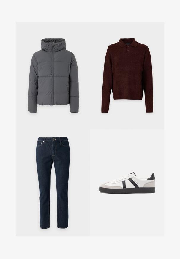 Veste matelassée grise avec un col haut et une capuche intégrée, dotée d'un zip avant, de sections cousues pour l'isolation et de poignets élastiqués.; Pull en maille brun avec col polo, trois boutons au cou, et manches longues. Texture douce, poignets et ourlet à côtes.; Jean en denim bleu foncé avec une coupe droite, présentant une fermeture à bouton, cinq poches et des coutures contrastées. Texture lisse.; Baskets blanches avec des accents noirs et gris, présentant un embout texturé gris, une semelle en caoutchouc noir et des lacets plats blancs. Design épuré, style minimaliste.