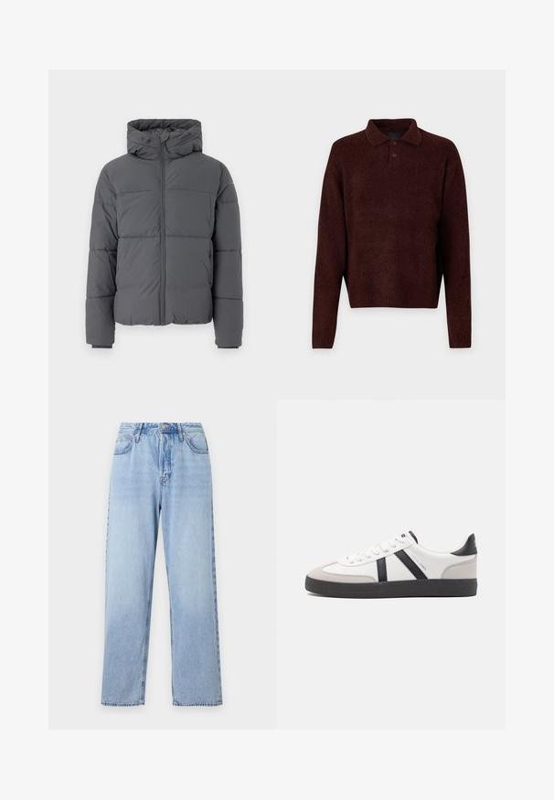 Harmaa pehmustettu takki, jossa on korkea kaulus ja kiinnitetty huppu. Takissa on etuvetoketju, eristystä varten ommeltuja alueita ja elastiset hihansuut.; Ruskean neulottu neulepaita, jossa on polo-kaulus, kolme nappia kauluksessa ja pitkät hihat. Pehmeä rakenne, uritettut hihansuut ja helma.; Vaaleansiniset farkut suoran istuvuuden, korkean vyötärön, viiden taskun ja yläpainikkeen suljin. Ominaisuuksina haalistunut pesu ja kontrastiväriset tikkaukset.; Valkoiset lenkkarit mustilla ja harmailla yksityiskohdilla, joissa on teksturoitu harmaa kärki, musta kumipohja ja litteät valkoiset nauhat. Siisti muotoilu, minimalistinen tyyli.