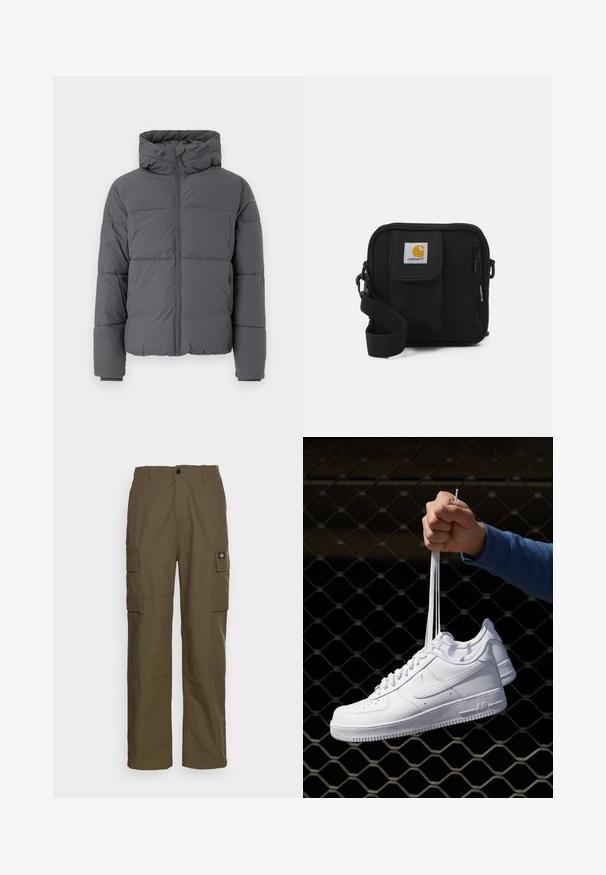 Grijze gewatteerde jas met een hoge kraag en aangehechte capuchon, voorzien van een ritssluiting aan de voorkant, gestikte delen voor isolatie en elastische manchetten.; Witte korte mouwen t-shirt van katoen, met een ronde hals en een zachte textuur, met een rechte snit en zonder patronen.; Olijfgroene cargobroek, gemaakt van duurzaam stof. Beschikt over twee zijzakken, een standaard taille en een rechte pijp.; Witte leren sneakers met perforaties, ronde neus, vlakke zool en dikke veters, met een zichtbare swoosh-logo en "AIR" op de hiel.; Zwarte schoudertas met een rits hoofdcompartiment, voork pocket, verstelbare strap en een zichtbaar logo op de klep.