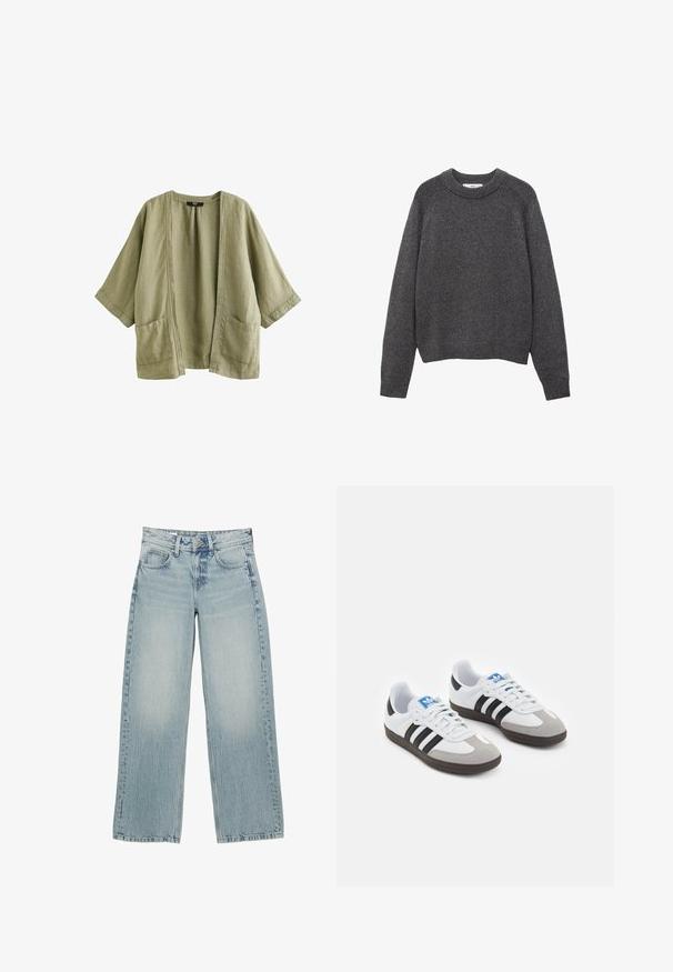Next Summer jacket - khaki green; Dark gray sweater with a crew neckline, ribbed cuffs, and hem. Knit texture with a relaxed fit and long sleeves.; Plain white t-shirt made of cotton with a round neckline, short sleeves, and a relaxed fit. Smooth texture with no patterns or accents.; Light blue denim wide-leg jeans with a high waist, featuring five pockets, a button closure, and subtle fading for a worn effect.; Sport shoes with a white leather upper, gray suede toe, and three black stripes. Features a blue logo on the tongue and a textured rubber sole.