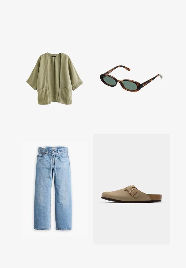 Next Ljetna jakna - khaki green; Bijela bluzica s dugim rukavima s naboranim obrubom duž dubokog V-izreza, zatvaranjem na prednjem dijelu s povrsinom za vezivanje i raširenim manžetama, izrađena od lagane prozirne tkanine.; Svijetloplavi traper široki traperice s visokim strukom, kopčanjem na gumb i zatvaračem te detaljem s vezicom u struku. Sirovi rub.; Bež drvene cipele s okruglim vrhom, podešavajućim kopčama i plutastim uloškom. Teksturirana površina s crnim gumiranim potplatom za bolje prianjanje.; Sunčane naočale u boji kornjače s ovalnim okvirom i zelenim staklima. Imaju tanke ručke s metalnim detaljem blizu šarki.