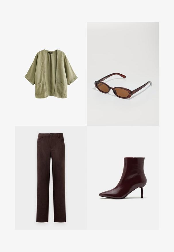 Next Letná bunda - khaki green; Svetlo modrá blúzka s dlhým rukávom vyrobená z hladkej látky. Má vysoký golier a predný drapovaný šálový detail. Manžety na gombíky.; Rovné nohavice z tmavo hnedého semišu so zapínaním na prednom gombíku a zips, pútka na opasok a bočné vrecká.; Burgundské lakované kozačky po členky s špicatou špičkou a štíhlým stiletto podpätkom, s hladkou, lesklou textúrou a minimalistickým dizajnom.; Okrúhle slnečné okuliare s hnedým nádychom a lesklým burgundským rámom. Úzke ramená s jemným brandovaním. Plochej šošovky dizajn.; Tkaná bordová kabelka s zaobleným tvarom a jedným uchom, so štruktúrovaným povrchom a elastickým sťahovaním na zavretie.
