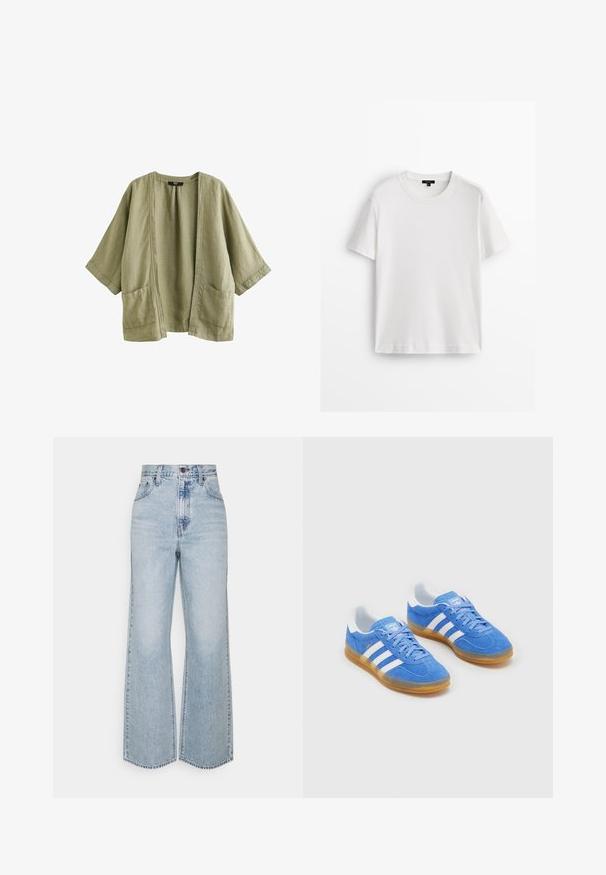 Next Leichte Jacke - khaki green; Weißes Baumwoll-T-Shirt mit kurzen Ärmeln, Rundhalsausschnitt und lockerer Passform. Glatte Textur und schlichtes Design, keine Muster oder Akzente.; Helle blaue Jeans im weiten Schnitt mit hoher Taille, klassischem Fünf-Taschen-Design und kontrastierenden Nähten. Unfinished Saum am unteren Ende.; Blaue Wildleder-Sportschuhe mit weißen Streifenakzenten, Gummisohle und gepolsterter Kragen für Komfort. Verfügt über ein klassisches Schnürdesign.