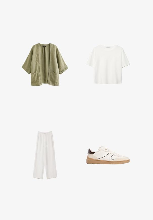 Next Veste légère - khaki green; T-shirt blanc à manches courtes en coton. Doté d'un col ras du cou et d'une coupe décontractée. Texture lisse sans motifs ni accents visibles.; Pantalons larges blancs en tissu léger. Dotés d'une taille élastique avec cordon de serrage et de poches latérales. Texture lisse.; Stradivarius Baskets basses - white