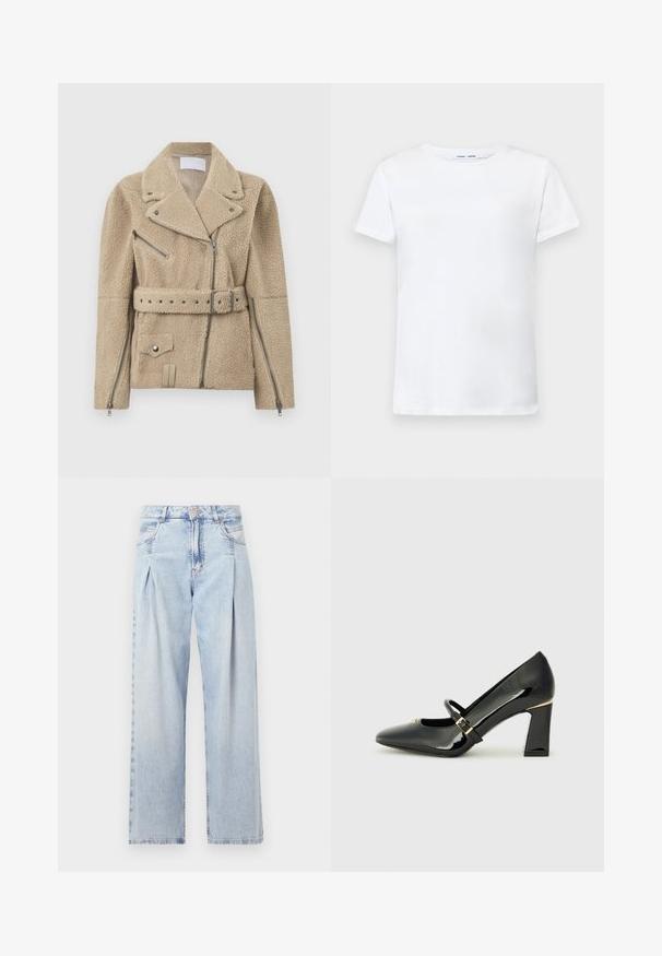 Beige sherpa fleece biker jacket with wide lapels, asymmetrical front zipper, side and chest zip pockets, belted waist, and zipper sleeve cuffs.; White short-sleeve t-shirt made of cotton with a crew neck design. Smooth texture and straight cut, no patterns or accents.; Light blue denim jeans with a high waist, wide-leg cut, two side pockets, and pleated design feature. Soft texture with a faded finish.; Black patent leather high heel shoe with a pointed toe, ankle strap, and gold accent at the heel. Square block heel design.