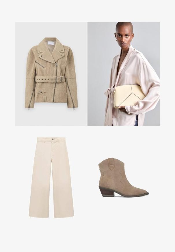 Giacca biker in pile sherpa beige con ampi revers, cerniera frontale asimmetrica, tasche laterali e sul petto con cerniera, vita con cintura e polsini con cerniera.; Top senza maniche rosa chiaro realizzato in un tessuto morbido e elasticizzato. Presenta un scollatura rotonda e spalline sottili, con una texture liscia e una forma aderente.; Pantaloni a gamba larga in cotone beige chiaro, con chiusura a bottone, orlo leggermente sfrangiato e design a vestibilità ampia.; Stivali ankle in suede beige con punta appuntita, dettagli di cucitura curvi e tacco impilato. Presentano una linguetta per una facile infilatura.; Borsa a mano strutturata color crema con cuciture nere a contrasto, caratterizzata da un design geometrico. Texture liscia con accentuazioni in oro.