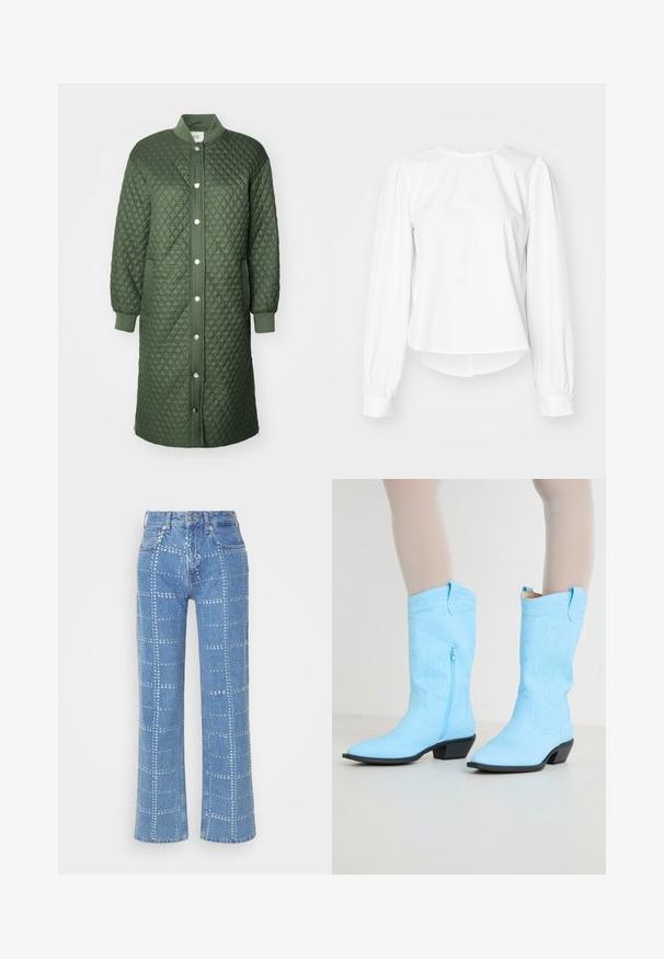 Casaco verde acolchoado com fecho de botões de pressão à frente, punhos canelados e bolsos laterais; apresenta um padrão de diamante e um design até aos joelhos.; Blusa branca de manga longa com um ajuste descontraído, apresentando mangas bufantes, um decote arredondado e punhos com botões. Textura suave e fresca.; Calças de ganga de um azul claro com corte de perna reta, apresentando um padrão em grelha de tachas prateadas e um design clássico de cinco bolsos.; Botas de cowboy azuis claras com detalhes bordados, fecho lateral, bico fino e salto preto empilhado. Textura de couro suave.
