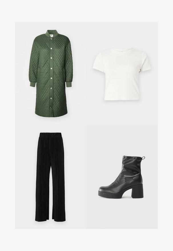 Quilted green coat with a snap-button front, ribbed cuffs, and side pockets; features diamond pattern and knee-length design.; Short white t-shirt made of cotton with short sleeves, a round neckline, and a straight hem, featuring a smooth texture and minimal design.; Black pleated trousers with an elastic waistband. Features wide legs and a smooth, textured fabric with vertical stripes.; Black ankle boots made of smooth leather, featuring a side zipper, chunky textured heel, and rounded toe design.