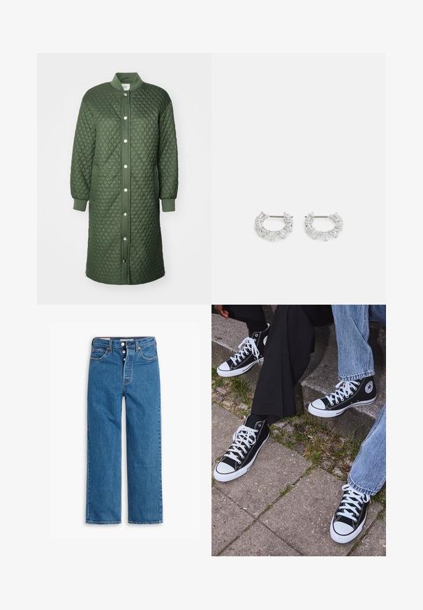 Tikk-kirpak roheline jakk nööpide ja tõmblukuga ees, soonikkätked ja küljetaskud; sisaldab rombimustrit ja põlve pikkust disaini.; Kaks lühikeste varrukateta toppi mustas ja valges, valmistatud ribakudumist, ümarate kaelustega ja sobiva disainiga. Mõlemal on nähtavad sildid.; Sinine denim sirgeda pükste talu kõrge vöökoht, viie taskuga disain ja nööbiga sulgemine. Silmapaistvad õmblused ja vase tooni nurgad.; Mustad musta värvi kõrged kanvasist tossud valgete kummitaldade ja nööridega, külgedel ringikujuline logo ning kombineeritud denimist ja mustade pükstega.; Hõbedased rõngakõrvarõngad, millel on selged, ristkülikukujulised ja kolmnurkse kujuga kristallid, mis on paigutatud mustriga disaini. Kõrvarõngaid kinnitavad postid, et tagada kindel kinnitamine.