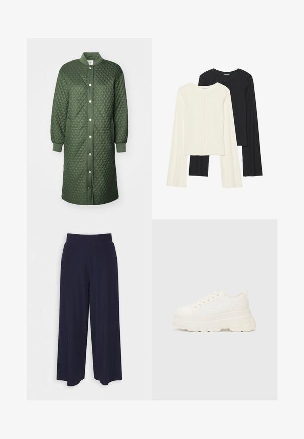 Quiltet grønn frakk med trykknappfeste foran, ribbestrikkede mansjetter og sidelommer; har diamantmønster og lengde til kne.; Sett med to langermede topper i hvit og svart. Ribbete tekstur, rund hals, tettsittende design med lett utsvingte ermer.; Bredde bukser i mørk marineblå stoff med ribbet tekstur. Har en glatt midje og en luftig silhuett, som når midt på leggen.; Hvit kanvas sneakers med chunky såle, avrundet tå og fem hull for snøringer. Bakre tab for enkel påkledning. Glatt tekstur, minimalistisk design.