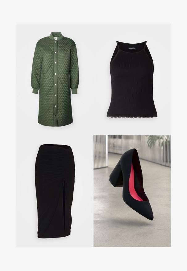 Žalsvas, megztinis paltas su mygtukų sagtimi priekyje, raštuotomis rankovėmis ir šoninėmis kišenėmis; turi rombų raštą ir kelių ilgio dizainą.; Juodas raštuotas marškinėlis be rankovių su banginiu nėriniu apdaila apatine dalimi. Savybės: plonos petnešos ir prigludusi forma. Pagaminta iš tamprios medžiagos.; Juoda, raukšlėta pieštuko sijonas su raišteliu ir šoniniu įpjovimu. Pagamintas iš elastingos medžiagos, pasižymi lygiu paviršiumi ir prigludusia forma.; Juodas aukštakulnis batai su smailiu pirštu, su tekstūruota paviršiumi ir ryškiai rožiniu vidumi. Su tiek dideliu kulnu, tiek sidabriniu akcentu.