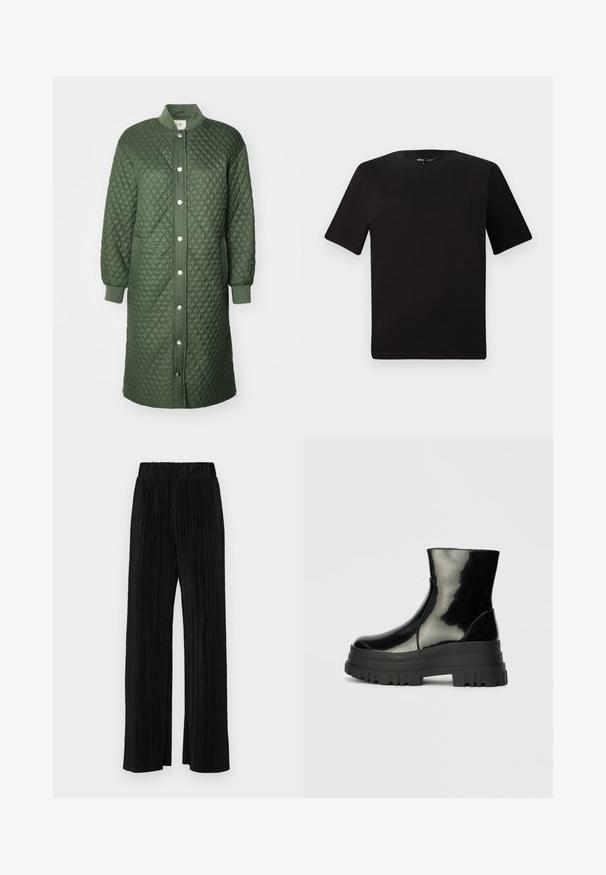 Quiltet grønn frakk med trykknappfeste foran, ribbestrikkede mansjetter og sidelommer; har diamantmønster og lengde til kne.; Svart t-skjorte med korte ermer og rund hals, laget av mykt bomullsstoff. Enkelt design, ingen synlige logoer eller mønstre.; Sorte plisserte bukser med elastisk midje. Har vide ben og et glatt, strukturert stoff med vertikale striper.; Svart, blank ankelstøvel med tykk såle og rund tå, sett fra siden på en enkel, lys grå bakgrunn.