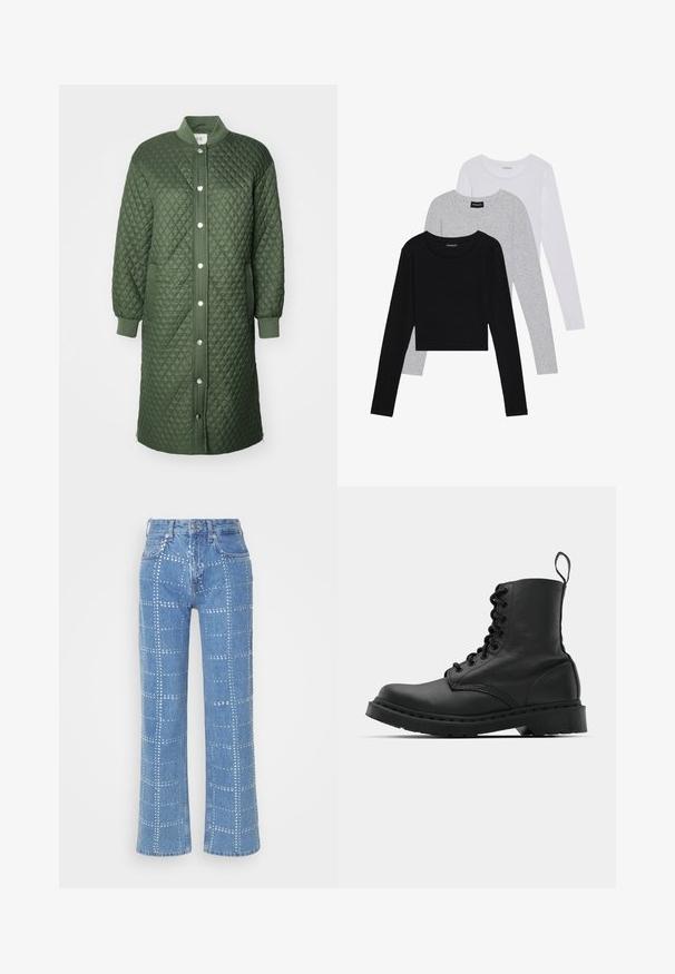 Pikowana zielona kurtka z zapięciem na zatrzaski, prążkowanymi mankietami i bocznymi kieszeniami; ma diamentowy wzór i długość do kolan.; Trzy bluzki z długim rękawem ułożone jedna na drugiej: czarna, szara i biała. Każda z okrągłym dekoltem i skróconym fasonem, wykonana z gładkiego, lekkiego materiału.; Jasnoniebieskie dżinsy z prostymi nogawkami, zdobione siatką srebrnych ćwieków oraz klasycznym pięciopocketowym designem.; Czarne skórzane buty wojskowe z okrągłym noskiem, sznurowanym przodem i pętelką przy kostce. Posiadają grubą gumową podeszwę dla zwiększenia trwałości.