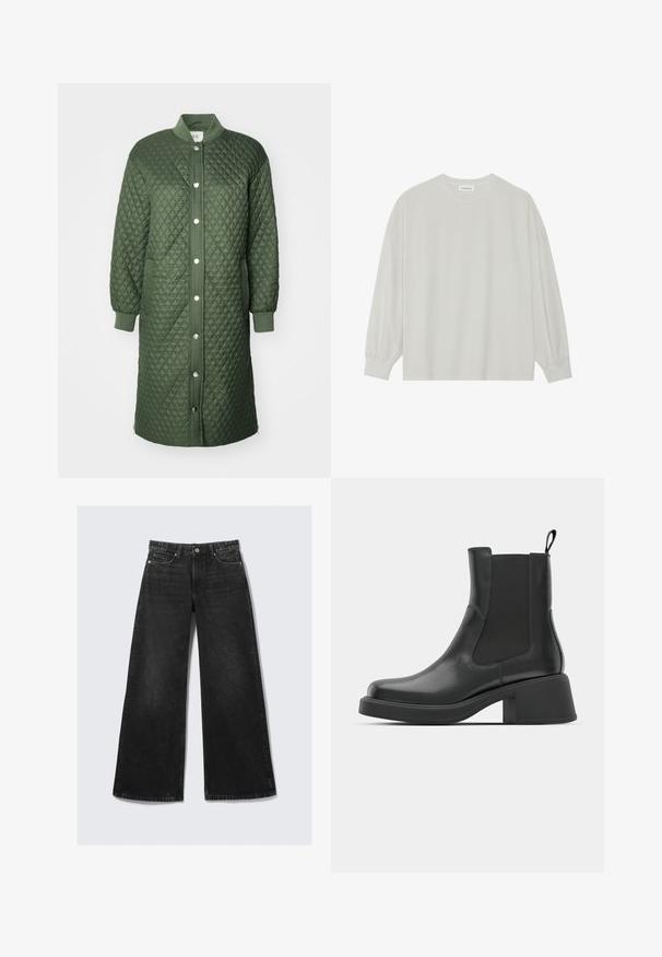 Grüner gesteppter Mantel mit Druckknopfverschluss, gerippten Bündchen und seitlichen Taschen; zeichnet sich durch ein Rautenmuster und ein knielanges Design aus.; Helles graues Langarm-T-Shirt aus weicher Baumwolle. Mit lockerer Passform, Rundhalsausschnitt und sanft gerafften Bündchen. Keine Muster oder Grafiken.; Schwarze, weit geschnittene Jeans mit hoher Taille, aus Denim gefertigt. Mit Kupferbeschlägen, Fünf-Taschen-Design und einem verwaschenen Look.; Schwarze Leder-Stiefeletten mit elastischen Seitenpanelen, abgerundetem Zehenbereich und einem klobigen Blockabsatz. Glatte Textur mit einem minimalistischen Design.