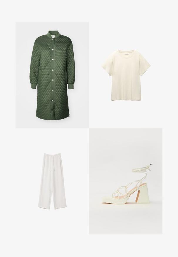 Zeleni kaput s kvadratnim uzorkom, s prednjim zatvaranjem na dugmad, rebrastim manžetama i bočnim džepovima; sadrži dijamantni uzorak i dizajn do koljena.; Svijetlo bež majica kratkih rukava s okruglim izrezom, izrađena od meke, glatke tkanine. Karakterizira je opušteni kroj i ravni rub.; Bijele hlače širokih nogavica napravljene od lagane tkanine. Imaju elastičan pojas s ušicom i bočne džepove. Glatka tekstura.; Bijela sandala na visokoj potpetici s debelim petom, s remenom i vezanjem oko gležnja. Glatka tekstura s platformom sprijeda za dodatnu visinu.