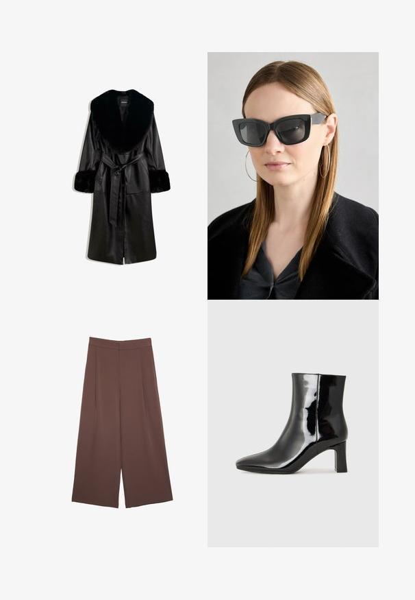 Langer schwarzer Ledermantel mit breitem Kragen und Manschetten aus Kunstfell, ausgestattet mit einem vorderen Bindegürtel und Druckknopfverschluss, auf weißem Hintergrund präsentiert.; Dunkelgraues Kurzarmoberteil mit Bootsausschnitt. Hergestellt aus geripptem Stoff, mit lockerer Passform und sauberem Saum. Einfaches Design, ohne Muster.; Braune Weite-Leg-Hosen mit einer glatten Textur, hoher Taille und Vorderfalten. Der Stoff ist leicht und fällt locker.; Schwarzer Lackleder-Stiefelette mit spitzer Zehe und einem mittelhohen Blockabsatz. Glatte Textur und minimalistisches Design.; Schwarze Katzenaugen-Sonnenbrille mit dunklen Gläsern, dicken Rahmen und subtilen Akzenten. Getragen mit einem schwarzen Mantel und einem grauen Oberteil, dazu lange, glatte Haare.