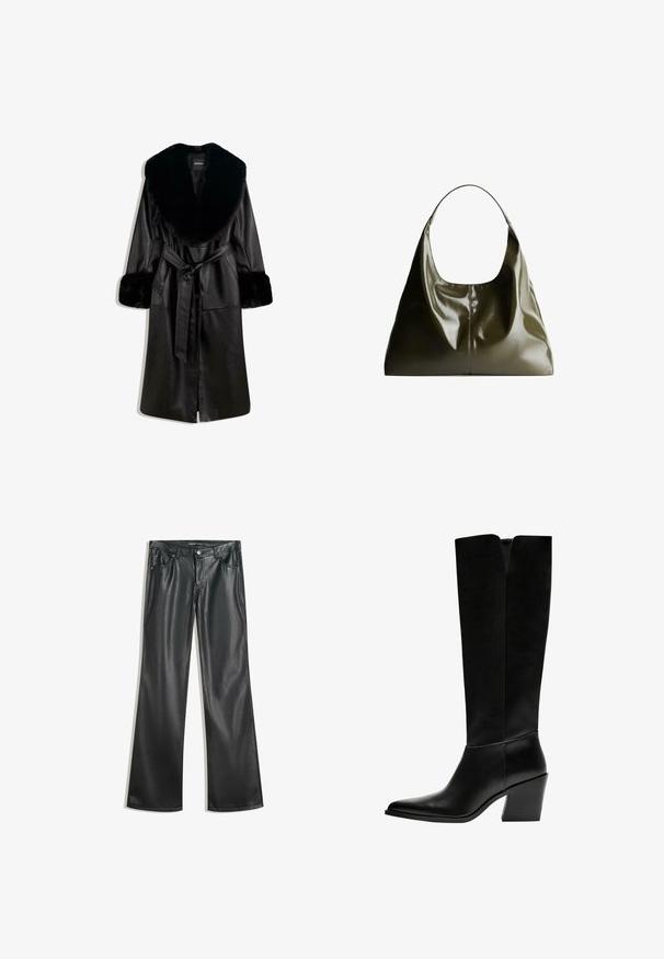 Long black leather coat with wide faux fur collar and cuffs, featuring a front tie belt and button closure, displayed on white background.; Black short-sleeve T-shirt made of soft cotton, featuring a crew neckline and a regular fit, with no visible patterns or accents.; Black faux leather flared pants with a smooth texture, five-pocket design, front zipper, and contrasting stitching.; Black knee-high boots made of smooth leather, featuring a pointed toe, a block heel, and a V-shaped cutout at the top.; Olive green, leather shoulder bag with a smooth, glossy finish. Features a rounded top and soft, draped shape. Minimalist design.
