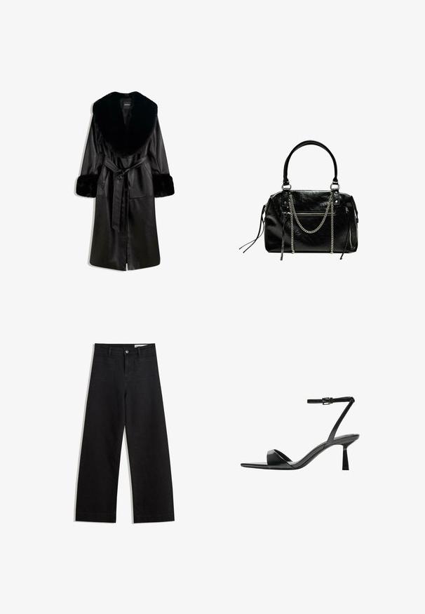 Cappotto lungo in pelle nera con ampio colletto e polsini in pelliccia sintetica, dotato di una cintura annodata sul davanti e chiusura a bottoni, esposto su uno sfondo bianco.; Costume da bagno intero marrone con collo alto e spalline sottili e regolabili; presenta una gamba alta e una texture liscia. Nessun motivo o decorazione.; Pantaloni in denim neri a gamba larga con vita alta, dotati di tasche anteriori e posteriori, cuciture a punto, e chiusura con bottone. Texture liscia.; Bershka Sandali con tacco - black; Bershka WITH CHAIN - Borsa a mano - black