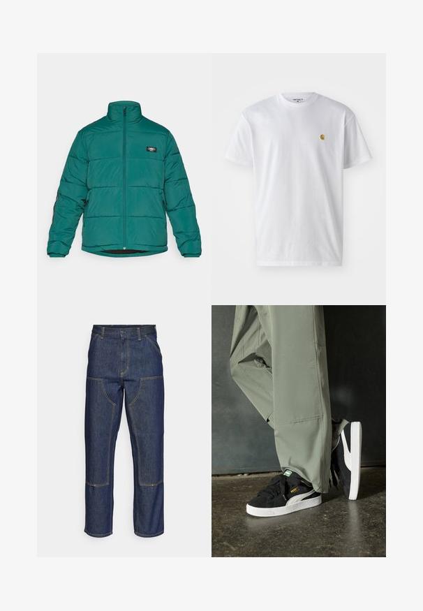 Padded jacket w głębokim odcieniu zielonego z wysokim kołnierzem, przednim zamkiem błyskawicznym i naszywką z logo. Posiada elastyczne mankiety i boczne kieszenie dla wygody.; Biała bawełniana koszulka z krótkim rękawem, okrągłym dekoltem, z małym złotym logo na lewej części klatki piersiowej. Miękka textura i regularny krój.; Granatowe dżinsy z wysokim stanem, prostym krojem nogawek, kontrastowym wykończeniem szwów oraz kieszeniami naszytymi z przodu.; Czarne zamszowe trampki z białymi gumowymi podeszwami i bocznymi paskami, w połączeniu z jasnoszarymi spodniami cargo, stoją na teksturowanej ciemnej powierzchni.