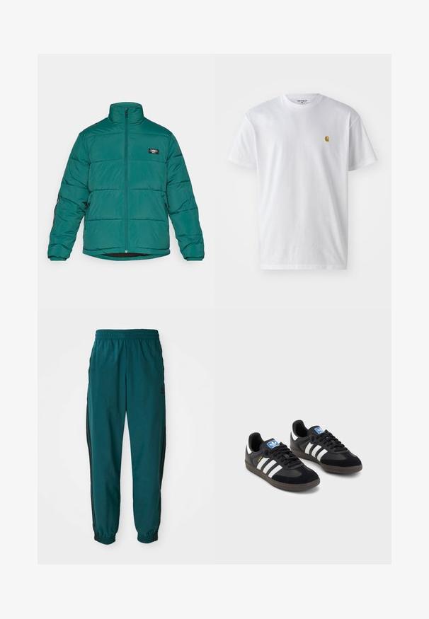 Paminkštintas džemperis tamsiai žalias su aukštu apykakle, priekiniais užtrauktukais ir logotipo žyma. Yra elastinės rankogaliai ir šoninės kišenės patogumui.; Balta medvilnės marškinėliai su trumpomis rankovėmis, apvalia iškirpte, kuriuose kairėje krūtinės pusėje yra mažas auksinis logotipas. Minkšta tekstūra ir reguliari forma.; Žalios sportinės kelnės su raišteliu juosmenyje, elastiniais rankogaliais ir šoninėmis juodomis juostomis. Pagamintos iš lengvos medžiagos, su logotipu šalia klubų.; Juodi sportiniai bateliai su zomšos ir sintetine viršutine dalimi, turintys tris baltas juosteles, tekstūruotą gumos pado paviršių ir mėlyną logotipo etiketę ant liežuvėlio.