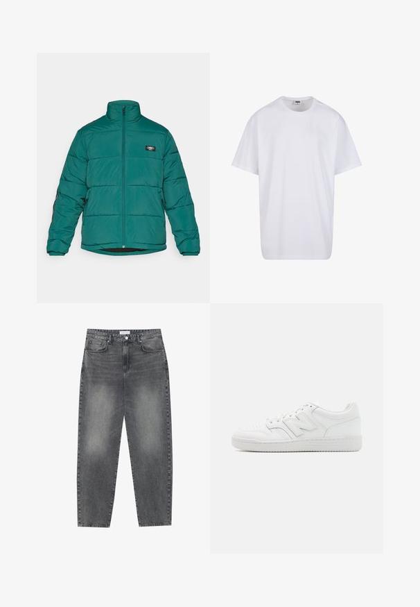 Jachetă căptușită de culoare teal închis, cu guler înalt, fermoar frontal și patch cu logo. Prezintă manșete elastice și buzunare laterale pentru confort.; Tricou alb din bumbac cu mâneci scurte, decolteu rotund, croială lejeră și fără logo-uri sau modele vizibile. Textură netedă și design minimalist.; Jeans cu talie înaltă, lejere, din denim negru estompat. Caracteristici: cinci buzunare, bucle pentru curea și un design curat cu picior drept.; Adidași albi din piele netedă, cu vârf perforat, talpă din cauciuc texturat, șireturi plate și un logo 'N' proeminent pe lateral.