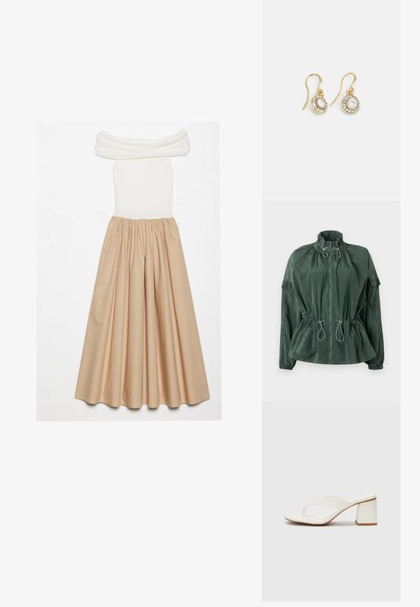 Roheline kerge jope kõrge kraega, ees lukuga, elastse nööriga vööl ja ribakäistega. Omab tekstuurset nailonmaterjali.; Õlavarrelt avatud kleit, millel on sobituv valge ribaga ülemine osa ja voolav beež seelik, mis on talje juures kokku tõmmatud, luues volüümika silueti.; Valged plokk-kontsandaalid, millel on thongi rihmaga disain. Sile kunstnahast materjal, kontuuritud tallaga ja tugev plokk-kont.; Kuldtooni kõrvarõngad ovalikujuliste selgete kristallidega, mille ümber on väiksemad selged kivid, ja kaarvormiga disain, et tagada kindel kandmine.