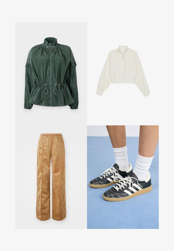 Πράσινο ελαφρύ μπουφάν με ψηλό γιακά, μπροστινό φερμουάρ, ελαστικό κορδόνι στη μέση και ριμπ μανσέτες. Διαθέτει υφασμάτινο και υφασμένο νάιλον υλικό.; Κομμένο pullover από κρέμα ύφασμα, με ψηλό γιακά, μισό φερμουάρ, ελαστική μέση και μανίκια, με λεία υφή και μινιμαλιστικό σχέδιο.; Τάν παντελόνια με φαρδιά πόδια φτιαγμένα από μαλακό, βελούδινο υλικό. Διαθέτουν ελαστική μέση και κάθετες ραφές μπροστά για προσθήκη λεπτομέρειας.; Μαύρα δερμάτινα αθλητικά παπούτσια με λευκές ρίγες, στρογγυλή μύτη, λευκές κορδόνες και σόλα από καουτσούκ. Ενισχυμένα με επενδεδυμένο κολάρο και λεπτομέρειες σήμανσης.
