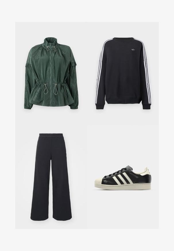 Zöld, könnyű kabát magas gallérral, elülső cipzárral, deréknál állítható húzózsinórral és bordázott mandzsettákkal. Texturált nylonszövetből készült.; Fekete hosszú ujjú pulóver, fehér csíkokkal mindkét karon, és egy kis szürke logóval a mellkason. Pamut anyagból, kényelmes szabású.; Fekete, bő szárú melegítőnadrág, puha anyagból készült, rugalmas derékkal és egy kis logóval a bal oldalon.; Fekete bőrsneaker fehér csíkokkal, gumírozott orral, fekete fűzővel és krém színű talppal. Simaság és fényes felület jellemzi.