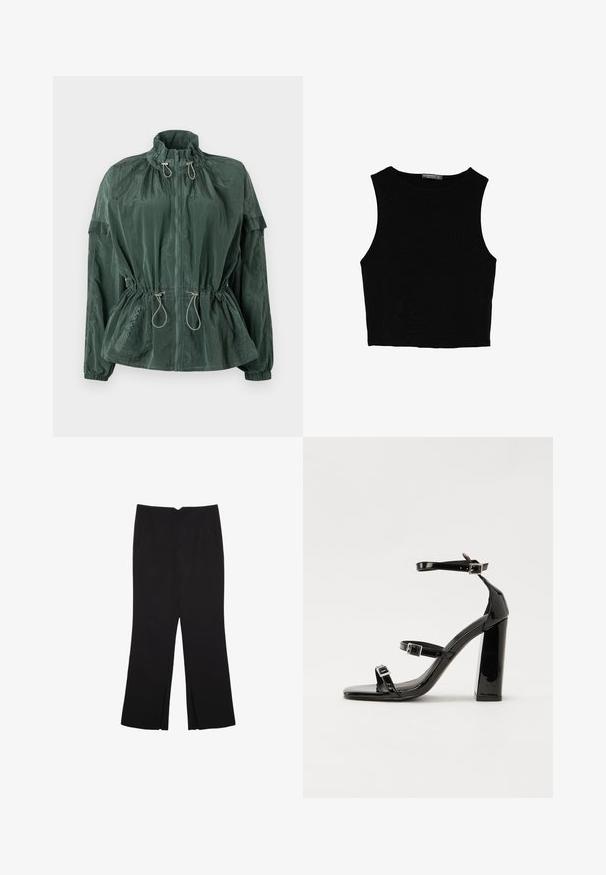 Zelená ľahká bunda s vysokým golierom, predným zipsom, elastickou šnúrkou v páse a rebrovanými manžetami. Vyznačuje sa textúrovaným nylonovým materiálom.; Čierny bezrukávový crop top vyrobený z hladkej tkaniny, so zaobleným výstrihom a čistým, jednoduchým dizajnom bez vzorov alebo kovania.; Čierne nohavice so strihom rovného strihu, s prednými vreckami a bočnými rozparkami na leme. Vyrobené z mäkkej, hladkej tkaniny. Vhodné na rôzne príležitosti.; Čierne lakované sandále na podpätku so štvorcovou špičkou, navlečenými remienkami okolo členku a striebornými prackami. Disponujú masívnym blokovým podpätkom pre stabilitu.