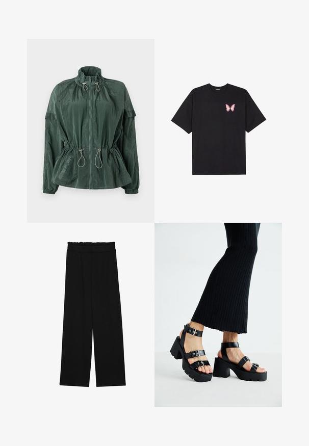 Grøn letvægtsjakke med høj krave, frontlynlås, elastisk snoretræk i taljen og ribbede manchetter. Har et struktureret nylonmateriale.; Sort bomulds T-shirt med korte ærmer, prydet med en lille pink sommerfugl grafik på venstre bryst. Rund hals design med en afslappet pasform.; Sorte brede bukser med en rynket talje, der har to sidelommer og et glat, let stof. Ingen synlige mønstre eller hardware.; Sorte platfromsandaler med kraftige, skridsikre såler og flere stropper, der har metalspænder og en glat læderlignende tekstur.