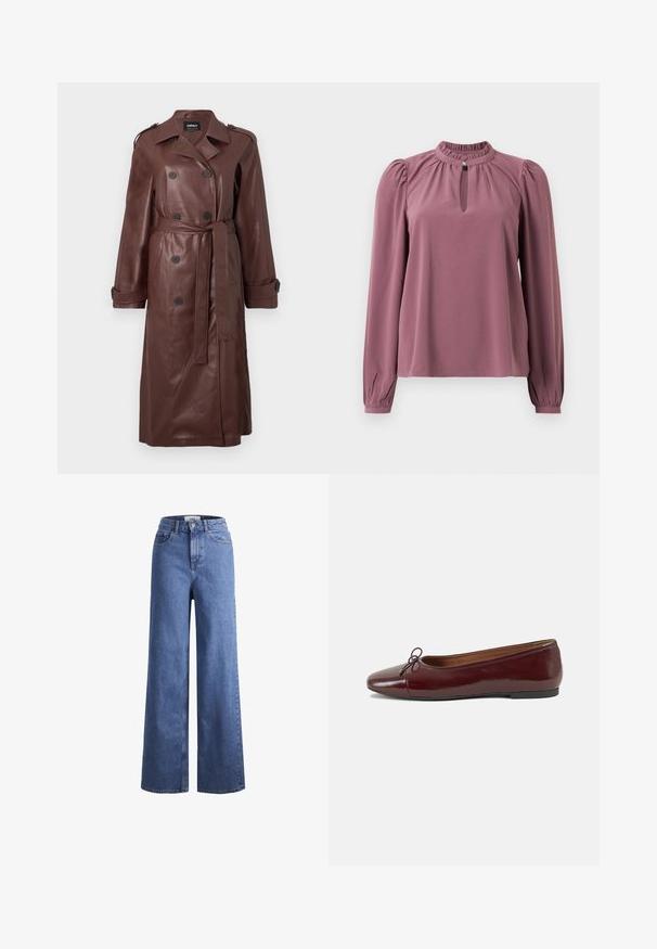 Brown leather trench coat with double-breasted buttons, belted waist, and shoulder epaulettes. Smooth texture with side pockets.; Long-sleeve mauve blouse with gathered collar, keyhole neckline with button closure, and slightly puffed shoulders.; Light blue denim wide-leg jeans with a high waist, two front pockets, and visible stitching. Features a button and zipper closure.; Burgundy patent leather ballet flat with a rounded toe, small bow accent at the front, and a low, black rubber sole. Smooth texture.