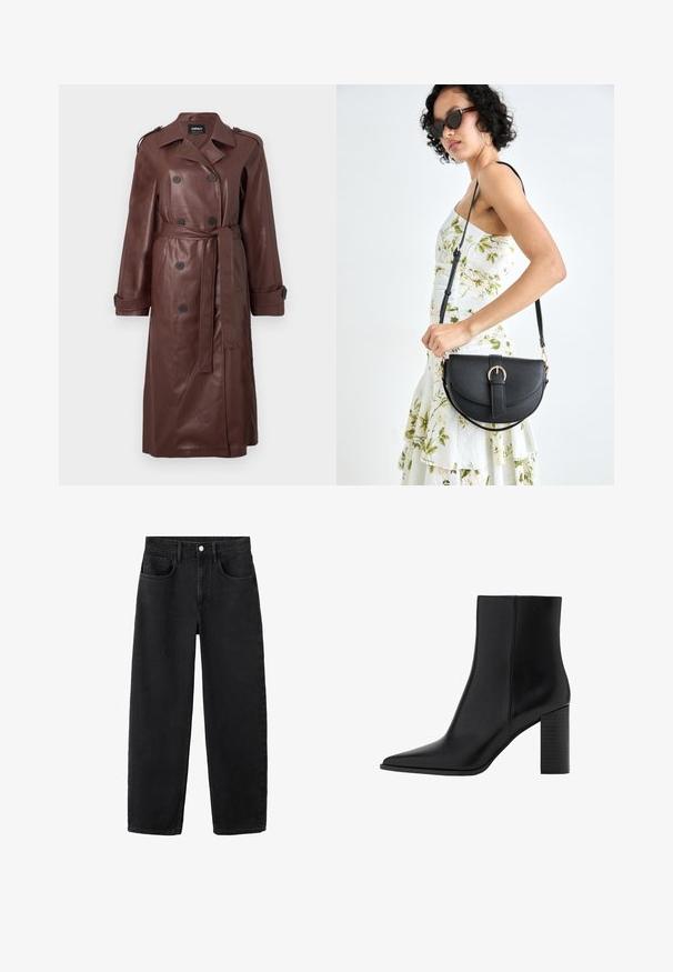 Smeđi kožni trench kaput s dvostrukim dugmadi, pojasom u struku i ramenskim epauletama. Glatka tekstura s bočnim džepovima.; Bordo kordura košulja s klasičnim ovratnikom, dugmadi sprijeda i rukavima do tri četvrtine; ima peplum rub i teksturirani materijal.; Crne traperice od denima s ravnim krojem, opremljene s pet džepova, dugmetom za zatvaranje i klasičnim dizajnom. Mekana tekstura s urednim završetkom.; Crne kožne čizme do gležnja s izduženim nožnim prstom, kvadratnim potplatom, glatkom teksturom i detaljima šavova duž šavova. Potpetice su visoke približno 8,9 centimetara.; Crna kožna torba s lukovitim oblikom, odvojivim remenom i zlatnim detaljima. Torba ima preklop s kopčom.