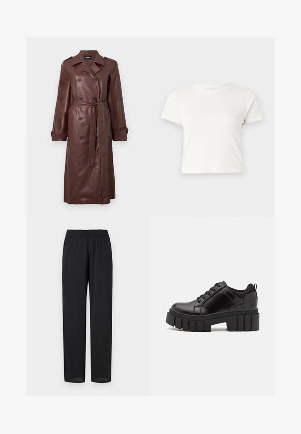 Manteau en cuir marron avec des boutons double boutonnage, taille ceinturée et épaulettes. Texture lisse avec des poches latérales.; T-shirt blanc court en coton avec des manches courtes, un col rond et un ourlet droit, présentant une texture lisse et un design minimal.; Pantalons noirs légers avec une coupe décontractée, dotés d'une taille élastique et d'une texture lisse. Les jambes droites s'effilent légèrement au niveau de l'ourlet.; Chaussures à plateforme en cuir noir avec un talon bloc épais, bout rond et un design traditionnel à lacets. Elles présentent une texture lisse et un détail minimal.
