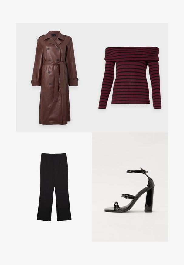 Brown leather trench coat with double-breasted buttons, belted waist, and shoulder epaulettes. Smooth texture with side pockets.; Burgundy off-shoulder long-sleeve top with black horizontal stripes, featuring a gathered neckline and fitted silhouette. Soft fabric texture.; Black trousers with a straight fit, featuring front pockets and side slits at the hem. Made of soft, smooth fabric. Suitable for various occasions.; Black patent heeled sandals with a square toe, ankle straps, and silver buckles. Features a chunky block heel for stability.