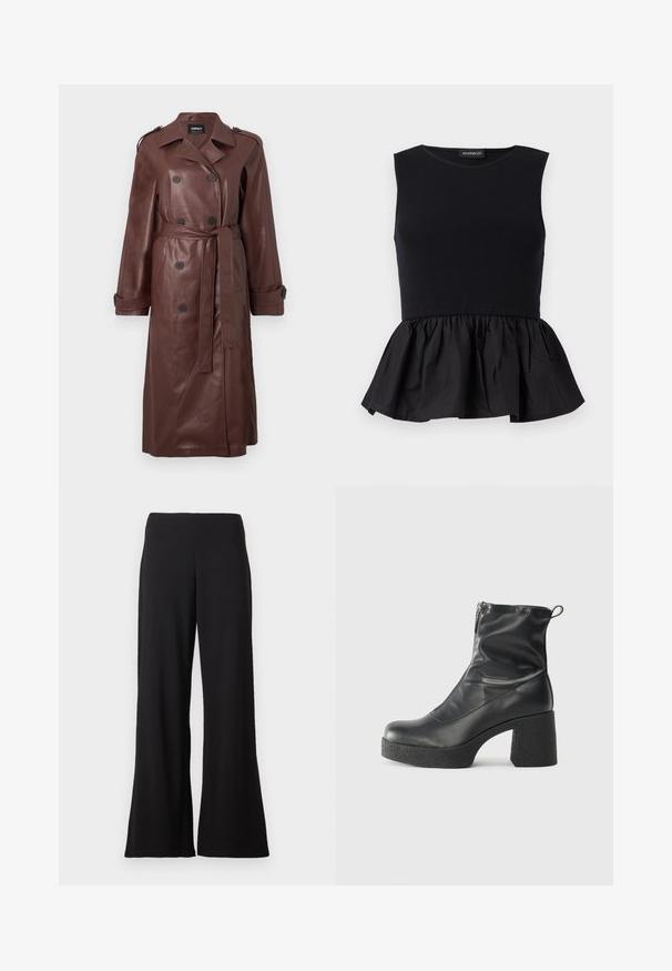 Brauner Leder-Trenchcoat mit zweireihigen Knöpfen, tailliertem Gürtel und Schulterklappen. Glatte Textur mit seitlichen Taschen.; Schwarzes ärmelloses Oberteil mit geripptem oberen Abschnitt und einem ausgestellten, gerafften Peplum-Boden. Glatte Textur in durchgehend einfarbigem Design.; Schwarze Weitbein-Hosen mit hoher Taille und glattem Stoff vor einem schlichten weißen Hintergrund.; Schwarze Stiefeletten aus glattem Leder mit seitlichem Reißverschluss, klobigem strukturiertem Absatz und runder Zehenform.